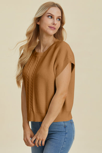 Double Take Full Size Cable-Knit Round Neck Short Sleeve Sweater