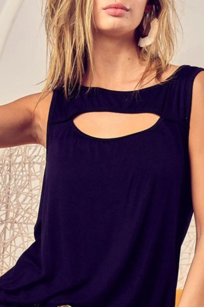 BiBi Rayon Span Knit With Cut Out Front Sleeveless Top in Black