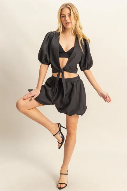 HYFVE Front Tie Top and Bubble Hem Shorts in Black