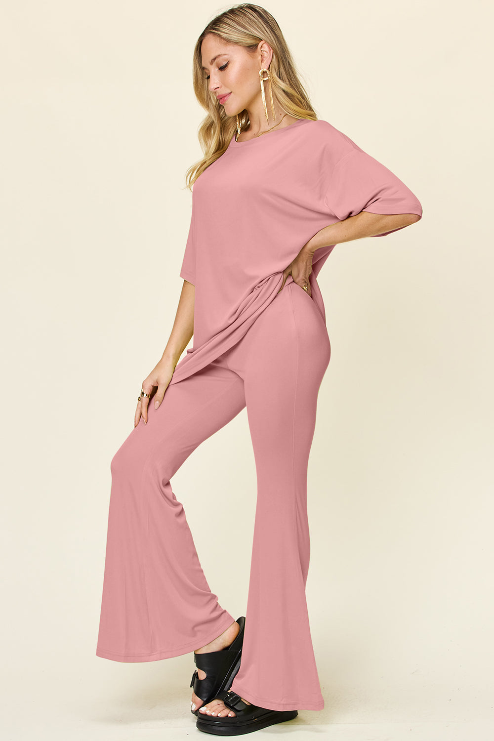 Double Take Full Size Round Neck Drop Shoulder T-Shirt and Flare Pants Set