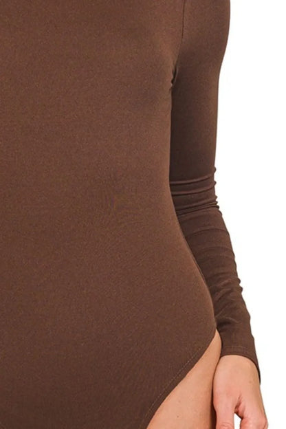 Zenana Mock Neck Long Sleeve Bodysuit in Mahogany