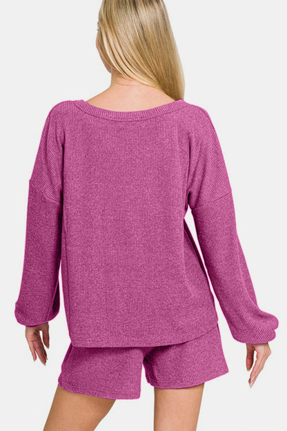 Zenana V-Neck Long Sleeve Ribbed Top and Shorts Set in Red Violet