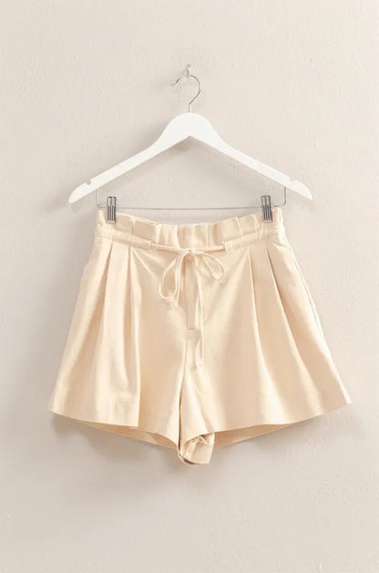 HYFVE High-Waisted Washed Twill Paperbag Shorts in Oatmeal