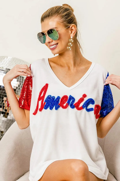 BiBi Metallic Letter V-neck Sequin Sleeves Top in Cream