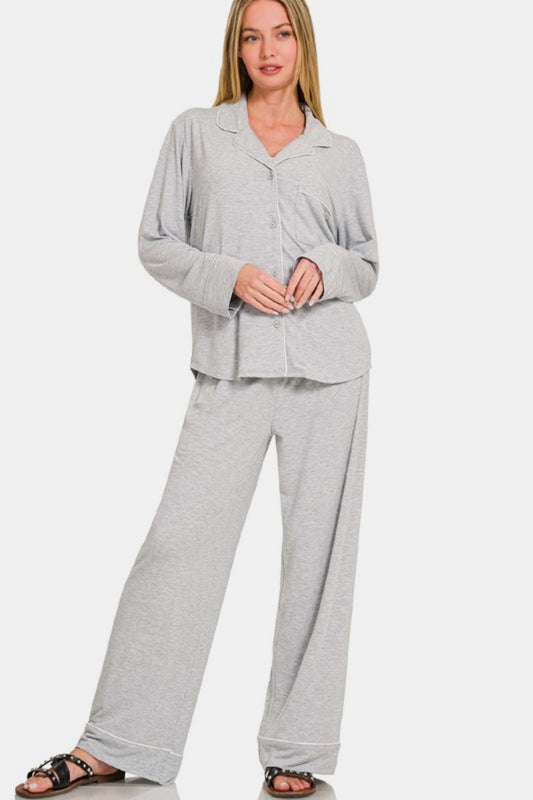 Zenana Button Down Long Sleeve Top and Pants Lounge Set