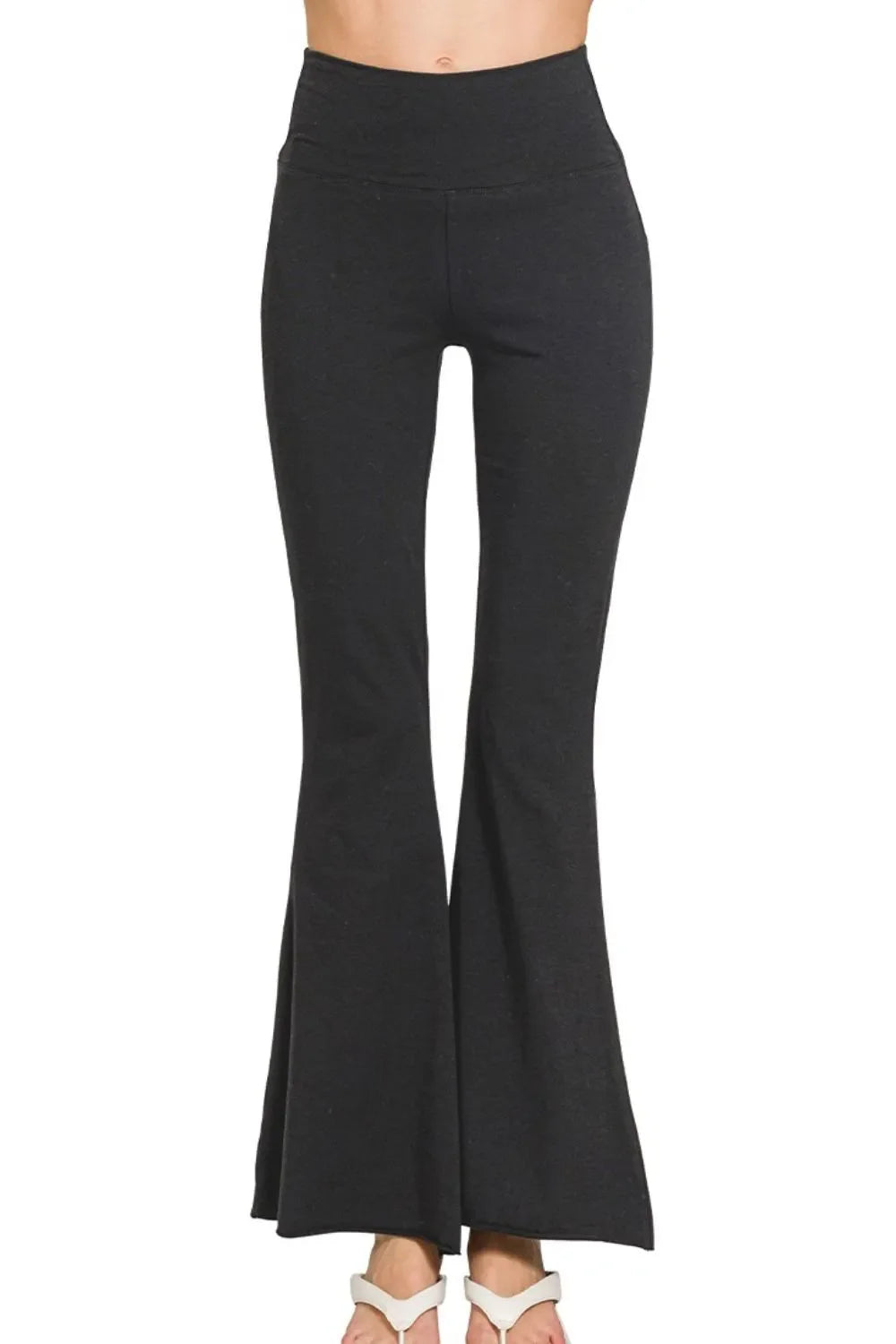 Zenana Raw Edge Hem Flare Yoga Pants in Black