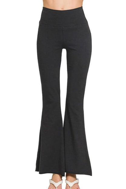 Zenana Raw Edge Hem Flare Yoga Pants in Black