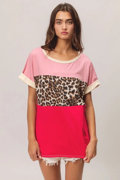 BiBi Leopard Printed Jersey  Color Block Roll Up in Pink