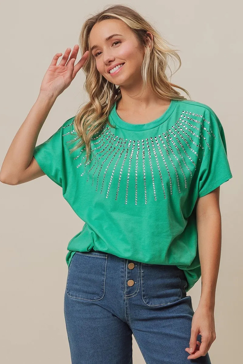 BiBi Rhinestone Beaded Short Sleeve Top in Jade