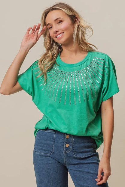 BiBi Rhinestone Beaded Short Sleeve Top in Jade