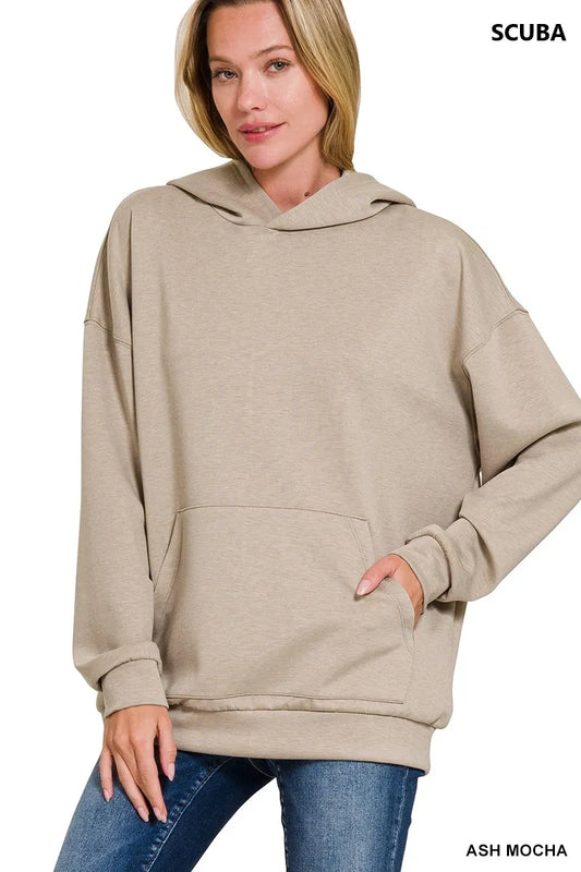 Zenana Oversized Scuba Hoodie with Kangaroo Pocket in Mocha