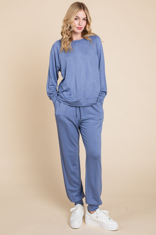 Round Neck Raglan Sleeve Top and Pants Lounge Set