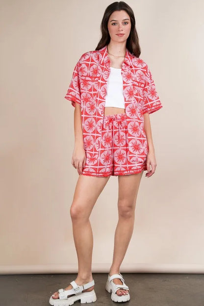 VERY J Tropical Printed Shirt Top and Shorts Set in Tomato