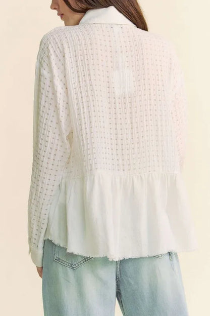 Davi & Dani Garment Washed Jacquard Button Front Shirt in White