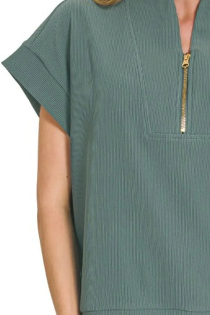 Zenana Ribbed High Neck Half Zip Top in Jade