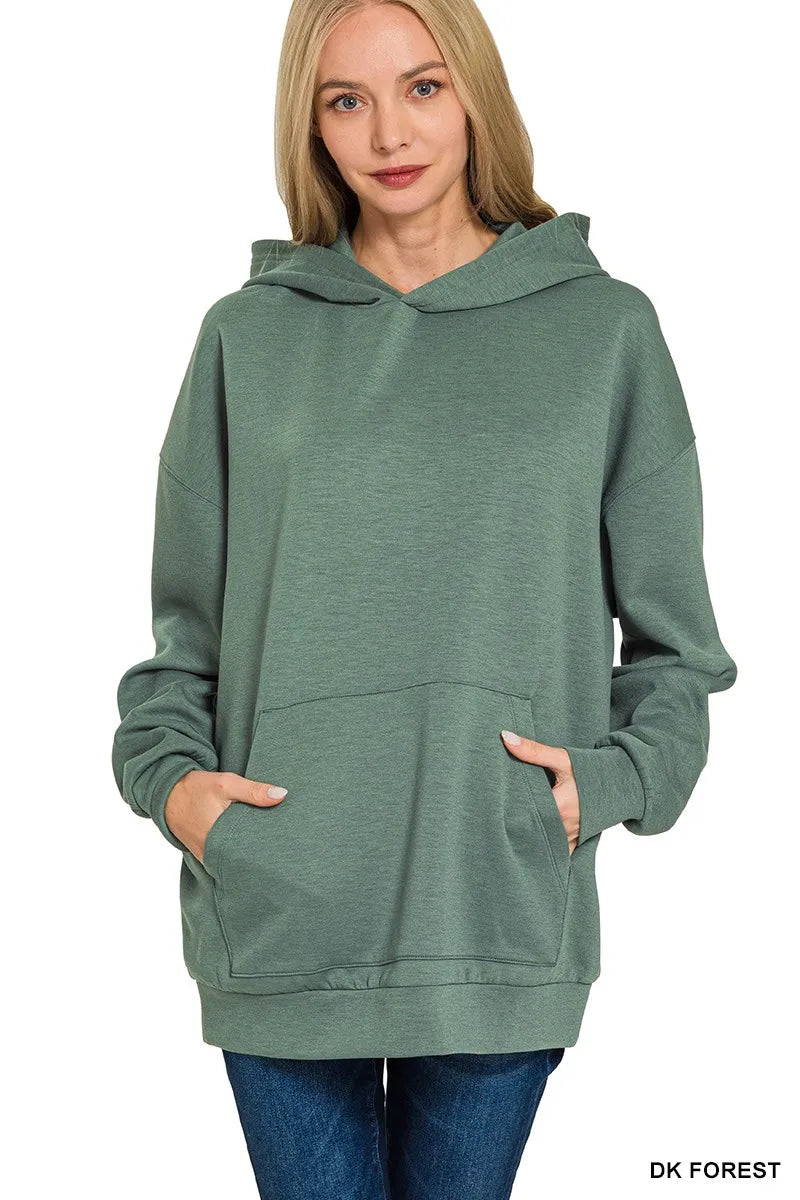 Zenana Oversized Scuba Hoodie with Kangaroo Pocket in Forest