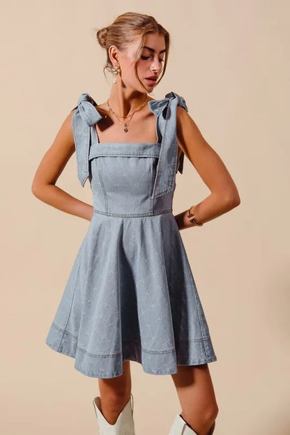 SO ME A Line Fit and Flare Diamond Bow Ribbon Denim Dress