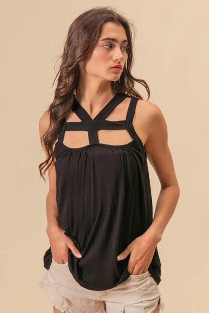 BiBi Rayon Span Jersey Cut Out with Straps Detailed in Black