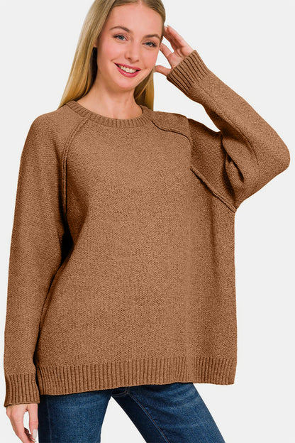 Zenana Side Slit Raglan Sleeve Sweater