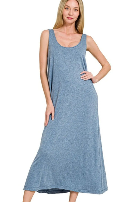Zenana French Terry Twisted Strap Midi Dress in Blue