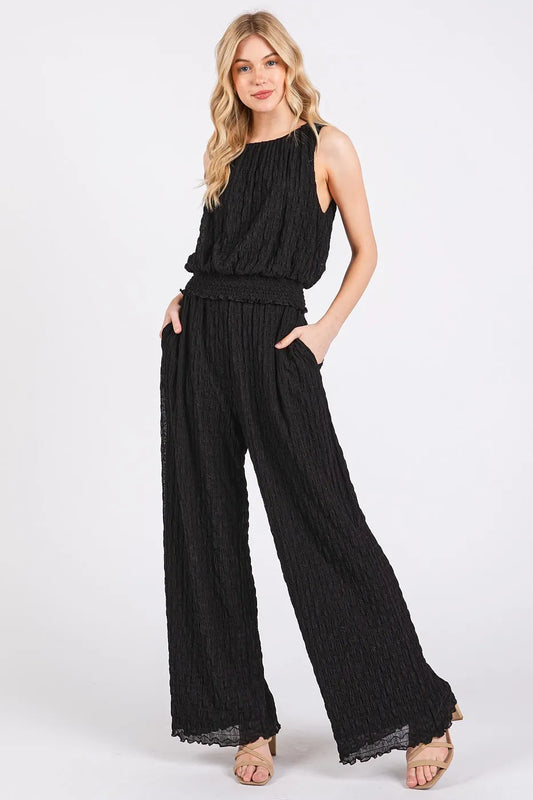 Mittoshop Textured Stretchy Crop Tank and Pants Set in Black
