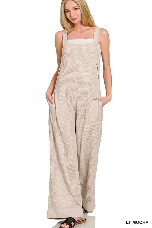 Zenana Knit Waffle Wide Leg Overalls