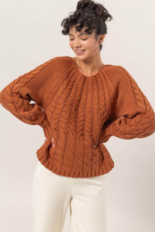 HYFVE Cable-Knit Round Neck Raglan Sleeve Sweater