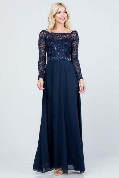 La Scala Long Sleeve Lace and Chiffon A-Line Gown