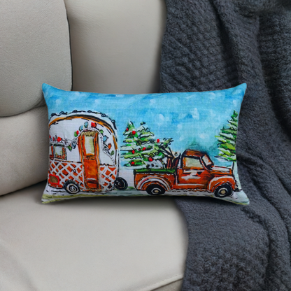 Hand Illustrated Christmas Cravan Holiday Pillow (14"X20")