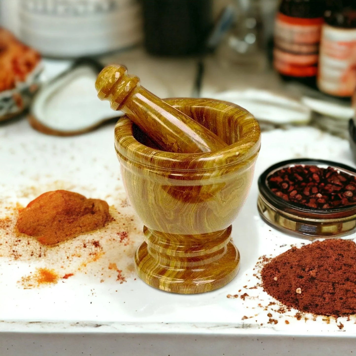 Marble Mortar and Pestle Crafted from Multi Brown Onyx