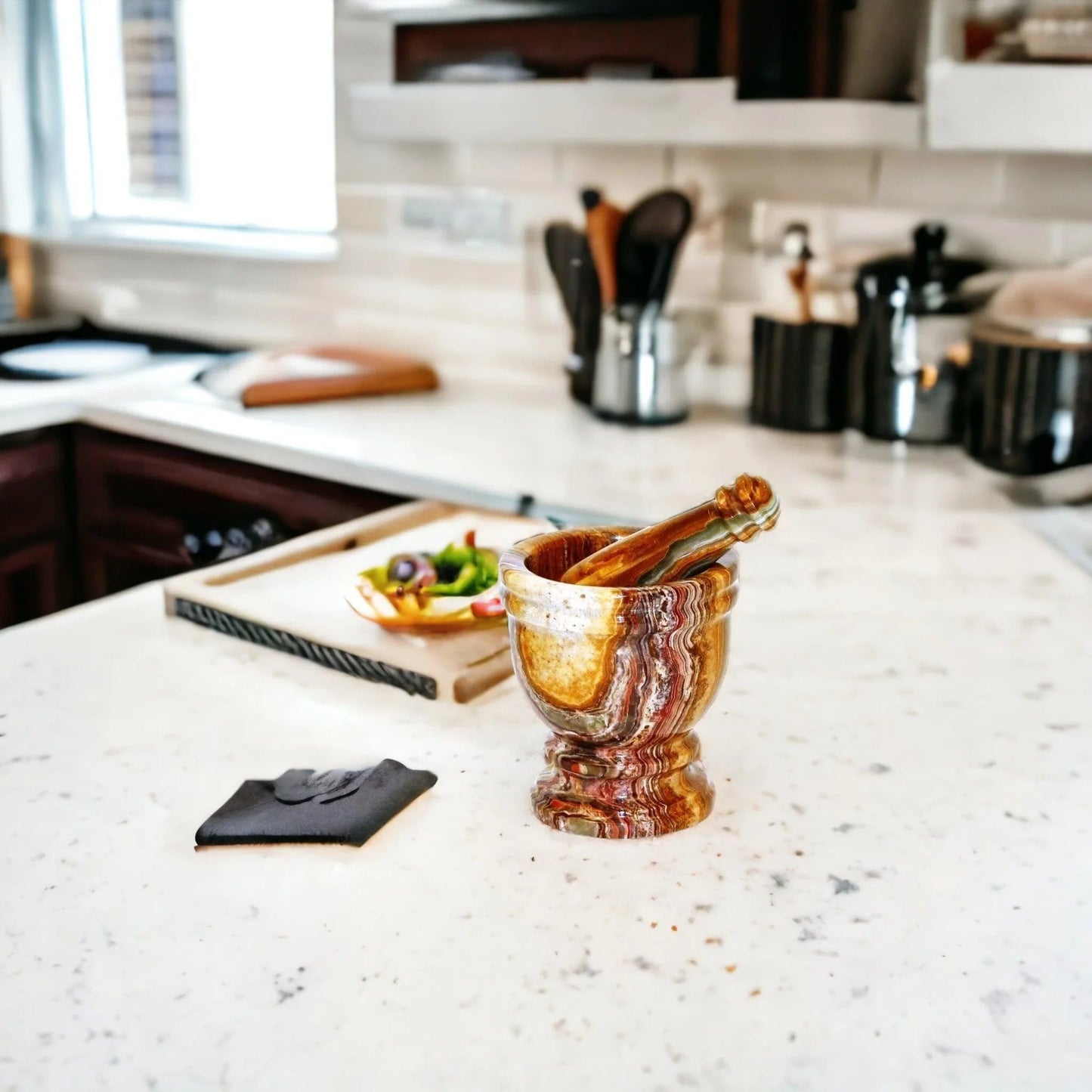 Marble Mortar and Pestle Crafted from Multi Brown Onyx