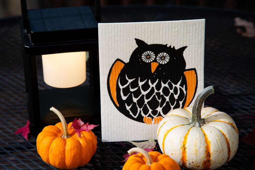 Owl Swedish Dishcloth |  Orange & Black (Halloween)