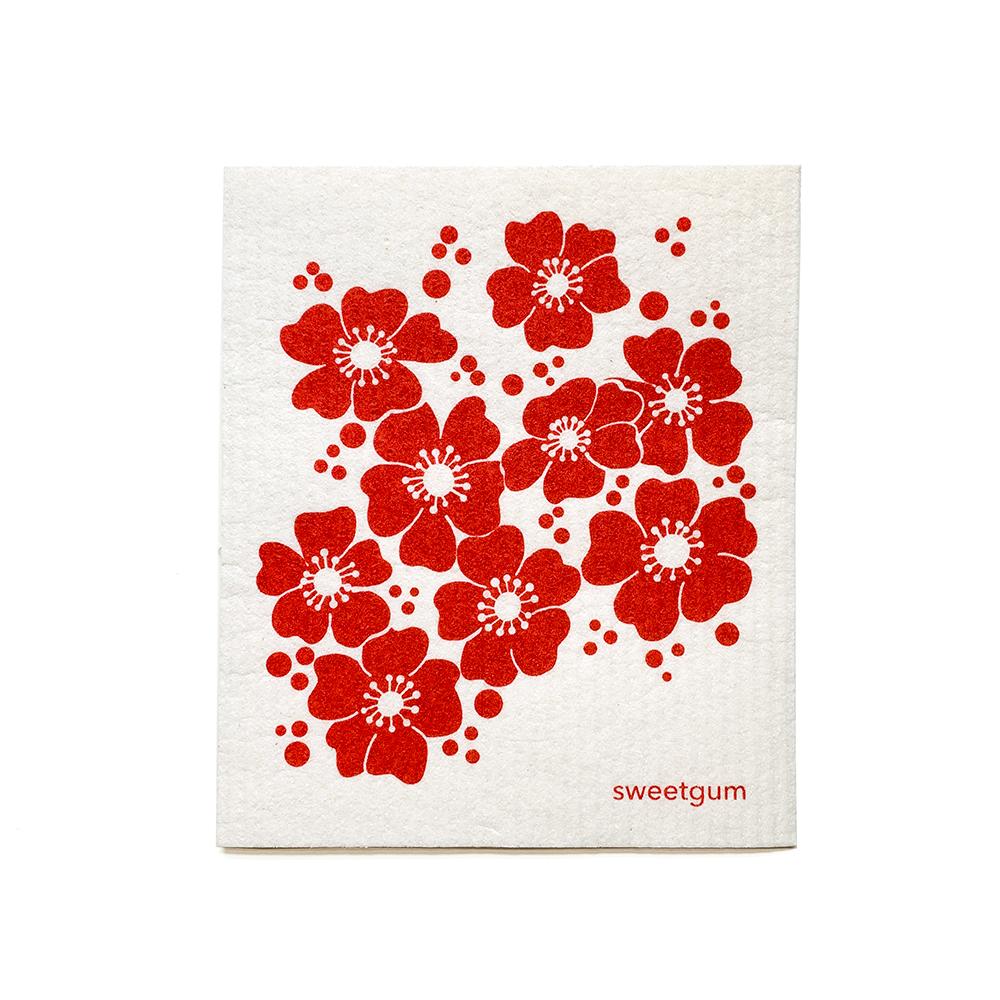 Red Flowers Swedish Dishcloth