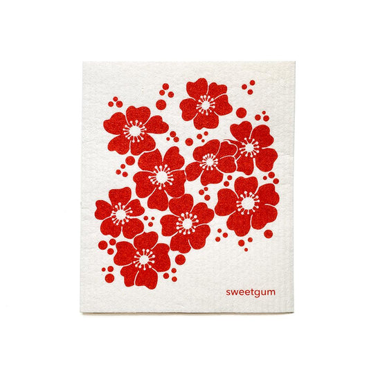 Red Flowers Swedish Dishcloth