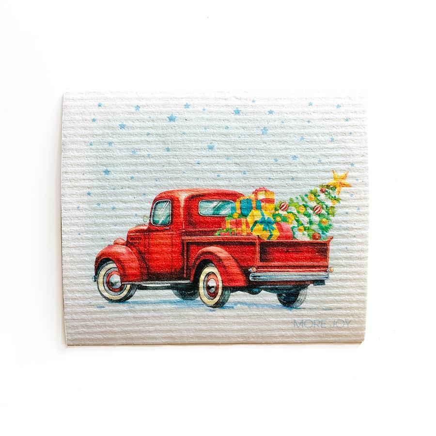 Vintage Truck with Christmas Tree Swedish Dishcloth |  Red
