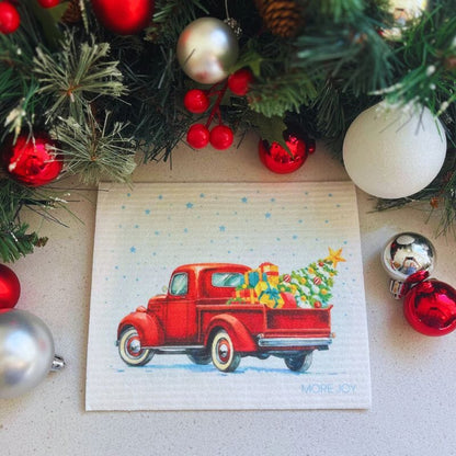 Vintage Truck with Christmas Tree Swedish Dishcloth |  Red