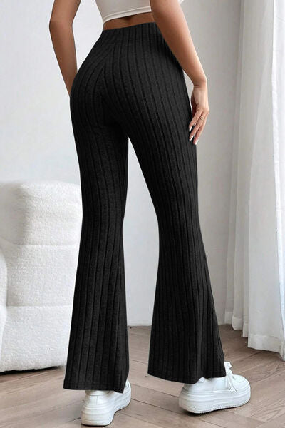 Sleek Full Size Ribbed High Waist Flare Pants - Polyester Elastane Blend