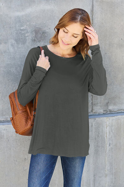 Full Size Round Neck Dropped Shoulder Long Sleeve Women T-Shirt - Green, Blue, Black, Charcoal