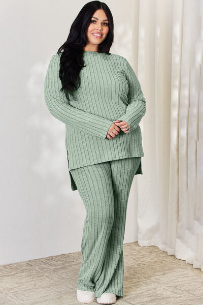 Full Size Ribbed High-Low Women Top and Wide Leg Pants Set