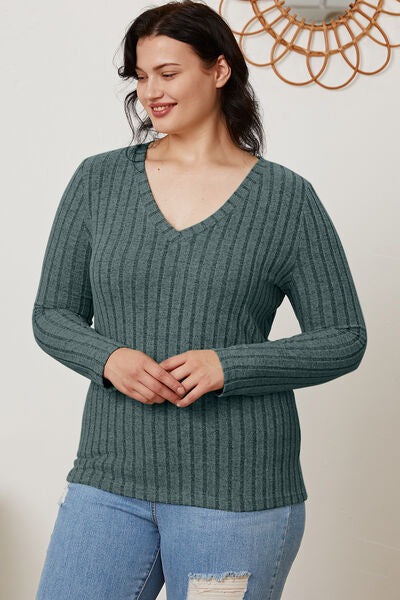 Women Full Size Ribbed V-Neck Casual Long Sleeve T-Shirt - Gum Leaf, Teal, Navy, Green, Pink