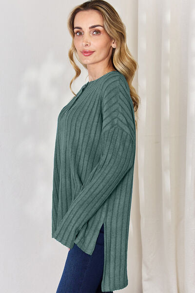 Full Size Ribbed Half Button Long Sleeve High-Low Women Top