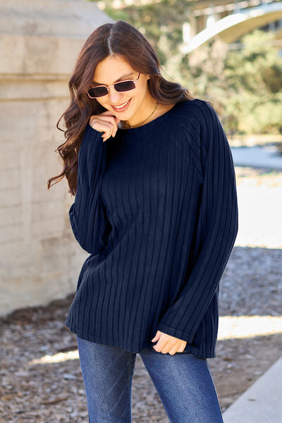 Women Full Size Ribbed Round Neck Long Sleeve Knit Top - Burgundy, Navy, Green, Pastel Yellow