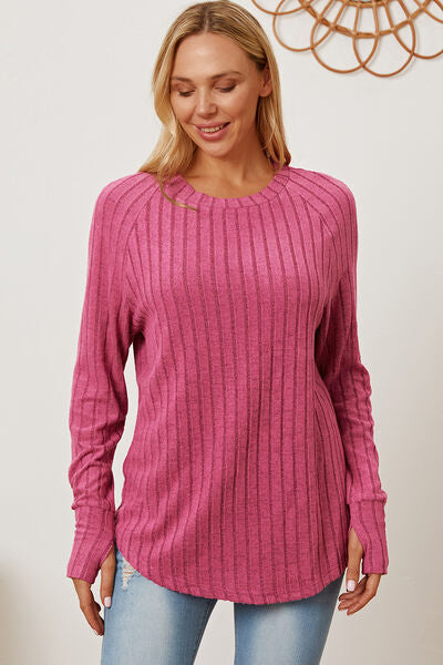 Women Full Size Ribbed Top Thumbhole Long Sleeve T-Shirt - Blue, Pink, Red, Teal, Navy