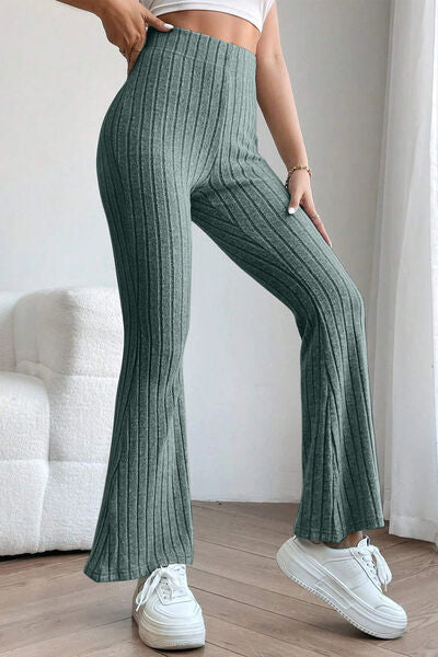 Sleek Full Size Ribbed High Waist Flare Pants - Polyester Elastane Blend