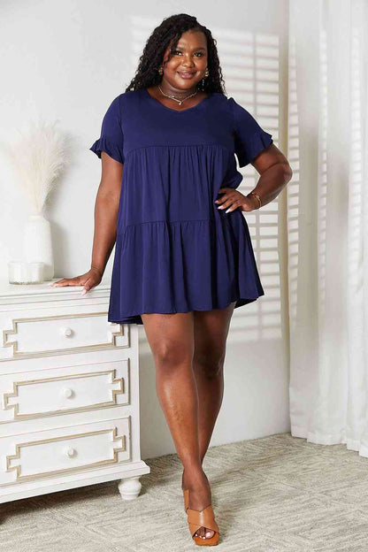 Women Double Take Ruffled V-Neck Flounce Sleeve Tiered Casual Mini Dress - Navy, Black