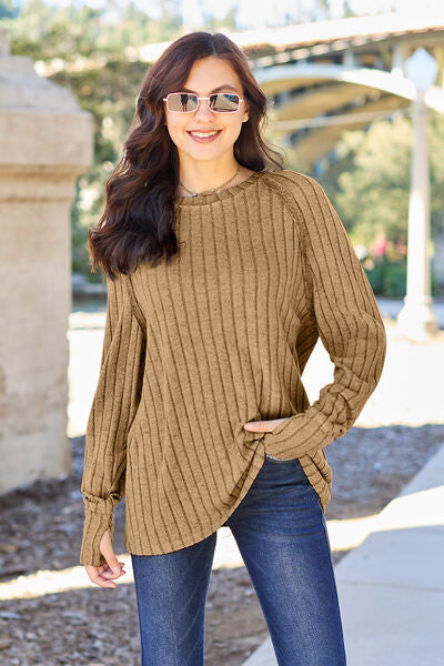 Women Full Size Ribbed Round Neck Long Sleeve Knit Top - Blue, Tan, Light Green, Brick Red, Black