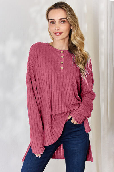 Full Size Ribbed Half Button Long Sleeve High-Low Women Top