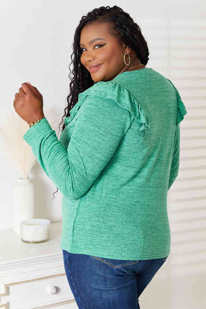 Women Double Take Ruffle Shoulder Long Sleeve Mauve and Green T-Shirt