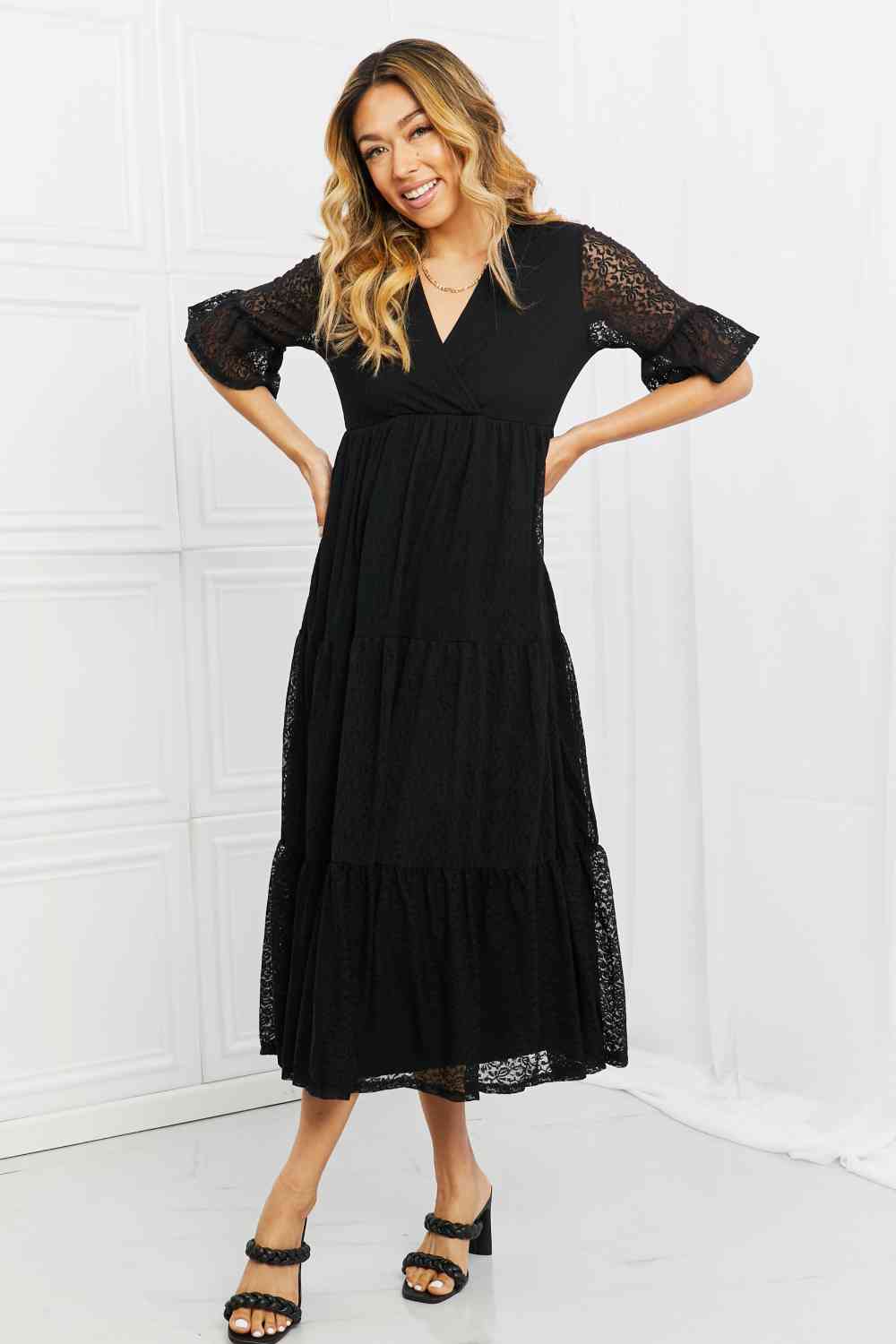 Women Casual Midi Flounce Sleeves Midi Dress See Through Lace Full Size Tiered - Black