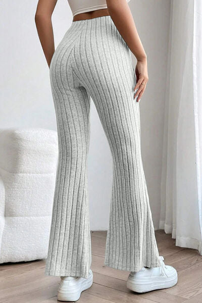 Sleek Full Size Ribbed High Waist Flare Pants - Polyester Elastane Blend